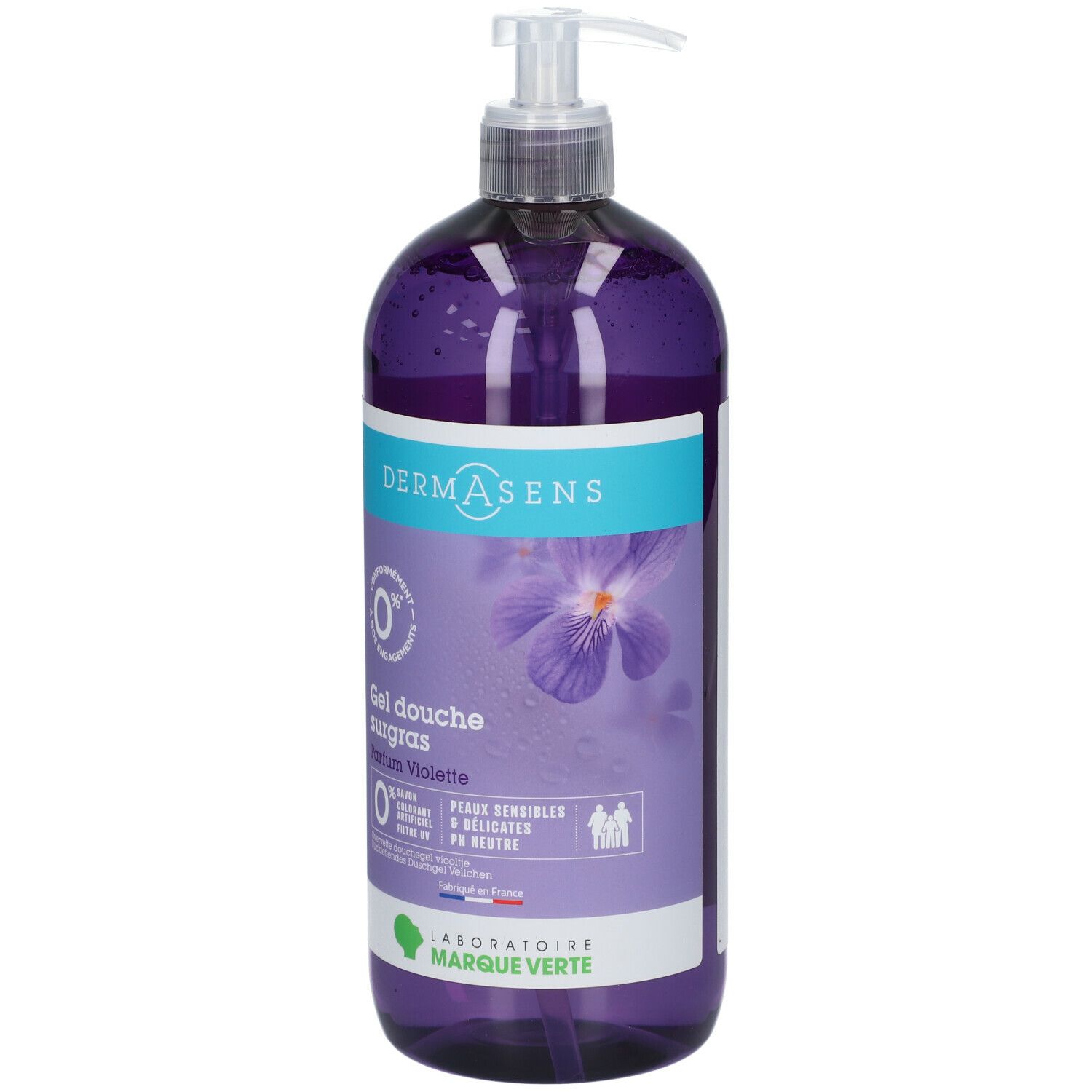Flacon de gel douche violet. Inscription: DermAsens, Gel douche surgras, Parfum Violette. Avec pompe.