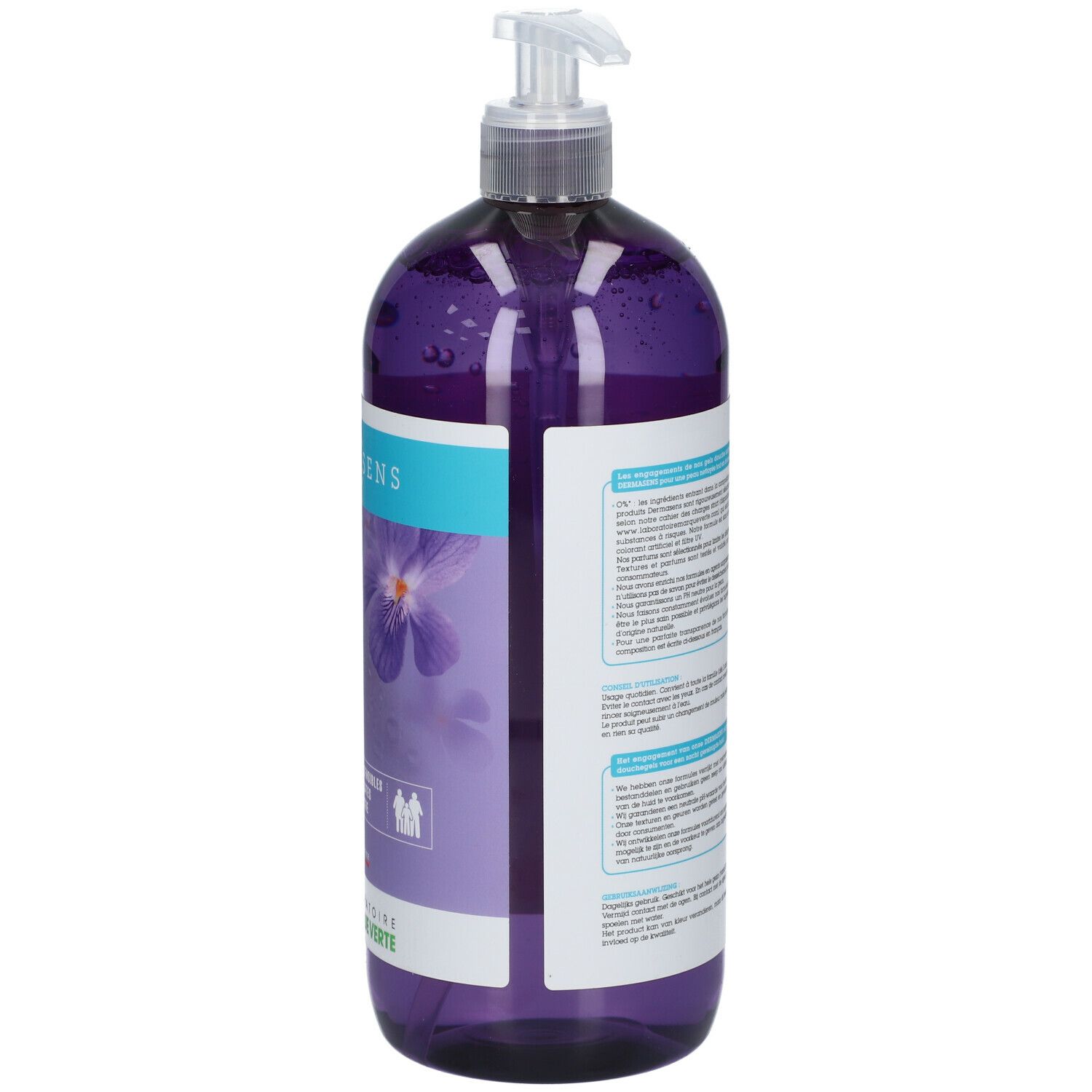 Dos du flacon de gel douche violet. Texte multilingue. Avec pompe. Étiquette avec ingrédients.