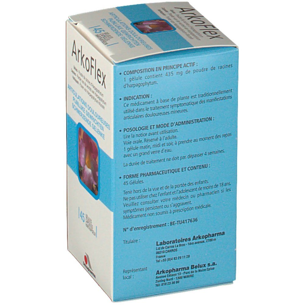 Dos de la boîte ArkoFlex. Contient des informations sur les ingrédients, l'utilisation et le dosage. 45 gélules.