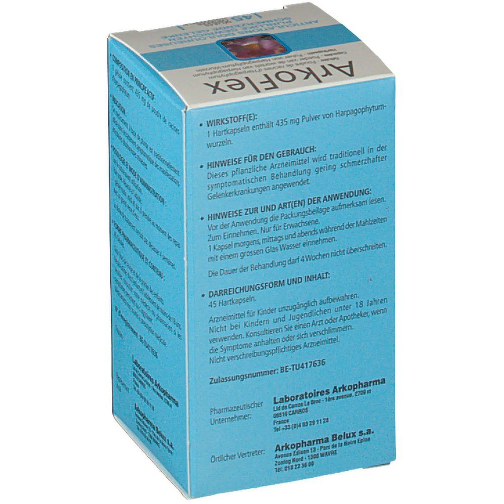 Dos de la boîte ArkoFlex. Texte en allemand. Informations sur les ingrédients, l'utilisation et le dosage. 45 gélules.