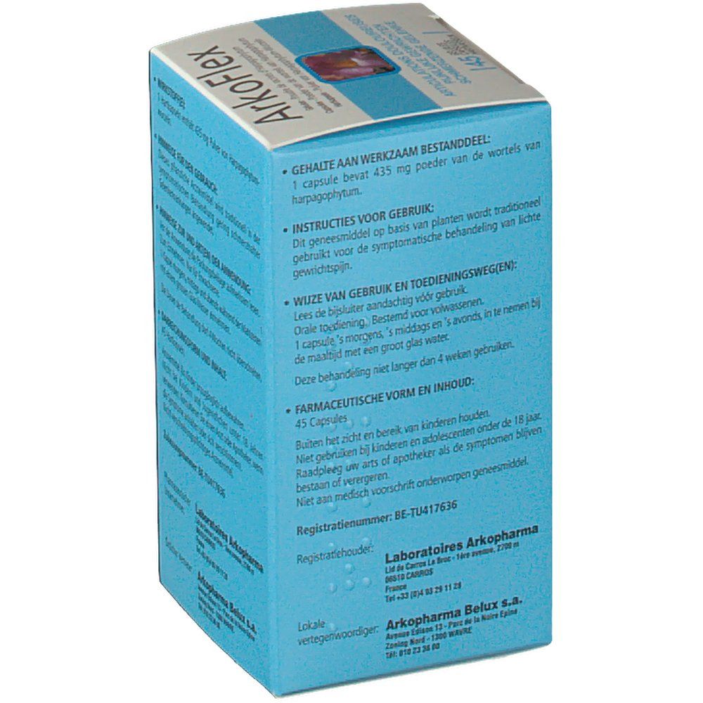 Dos de la boîte ArkoFlex. Texte en néerlandais. Informations sur les ingrédients, l'utilisation et le dosage. 45 gélules.