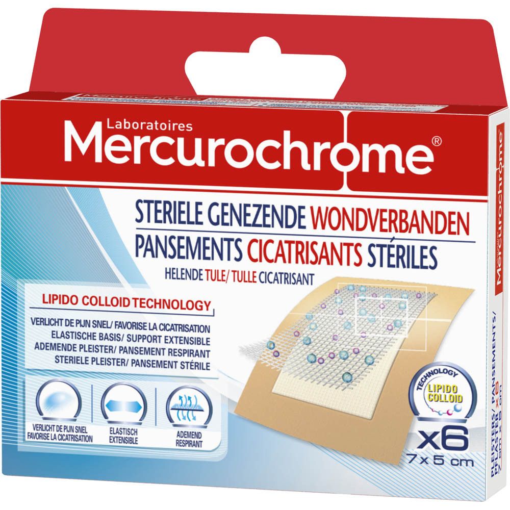 Boîte de pansements stériles. Mercurochrome. 6 pansements, 7x5 cm.