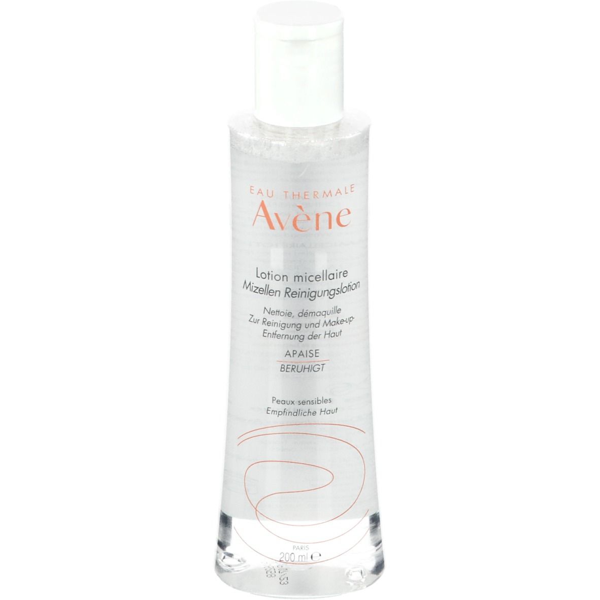 Flacon transparent avec bouchon blanc. Inscription: Eau Thermale Avène, Lotion micellaire. Pour peaux sensibles.