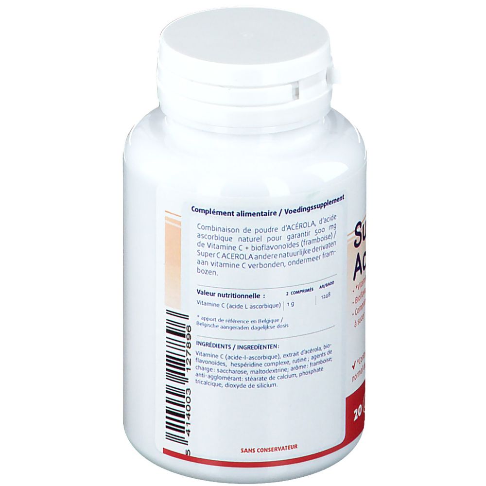 Vue arrière d'un flacon blanc. Étiquette avec texte et code-barres. Logo "Super C Acerola".