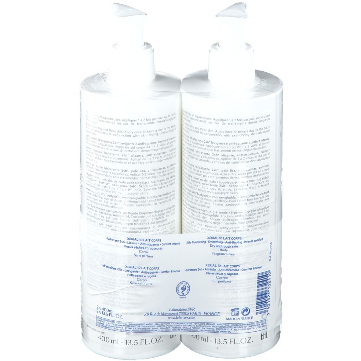 Deux flacons blancs avec pompes, liés par un film transparent. Informations produit imprimées sur les flacons.