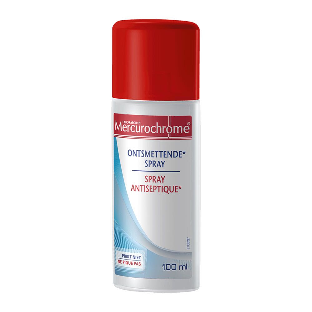Flacon Mercurochrome Spray Antiseptique avec bouchon rouge. Liquide clair, 100 ml.