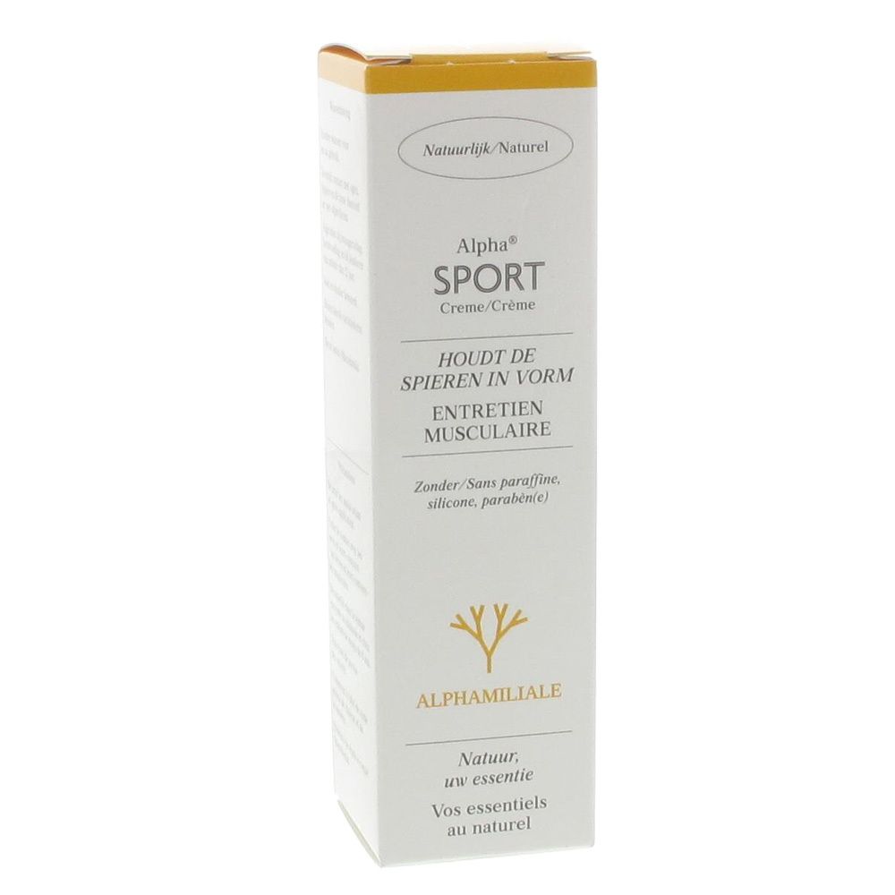 Boîte blanche à couvercle jaune. Inscription: Alpha Sport Crème/Crème. Texte en néerlandais et français. Logo : arbre.