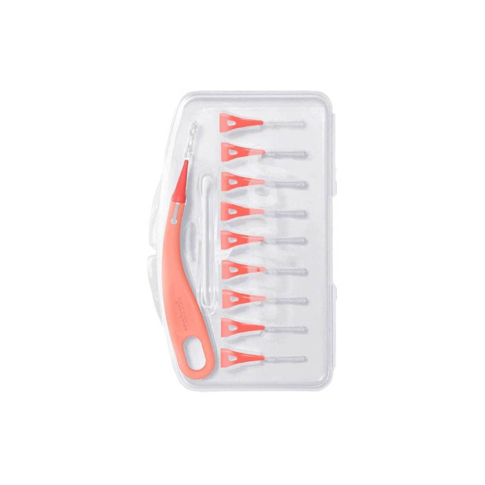 Emballage de brossettes interdentaires. Manche rouge, emballage transparent. Taille S (0,5 mm). Marque Jordan.