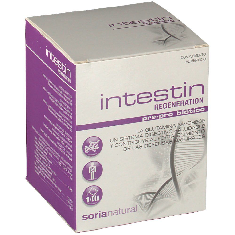 Boîte en carton "Intestin Regeneration". Couleurs violet et blanc. Marque "Soria Natural". Contient "pre-pro biotico".
