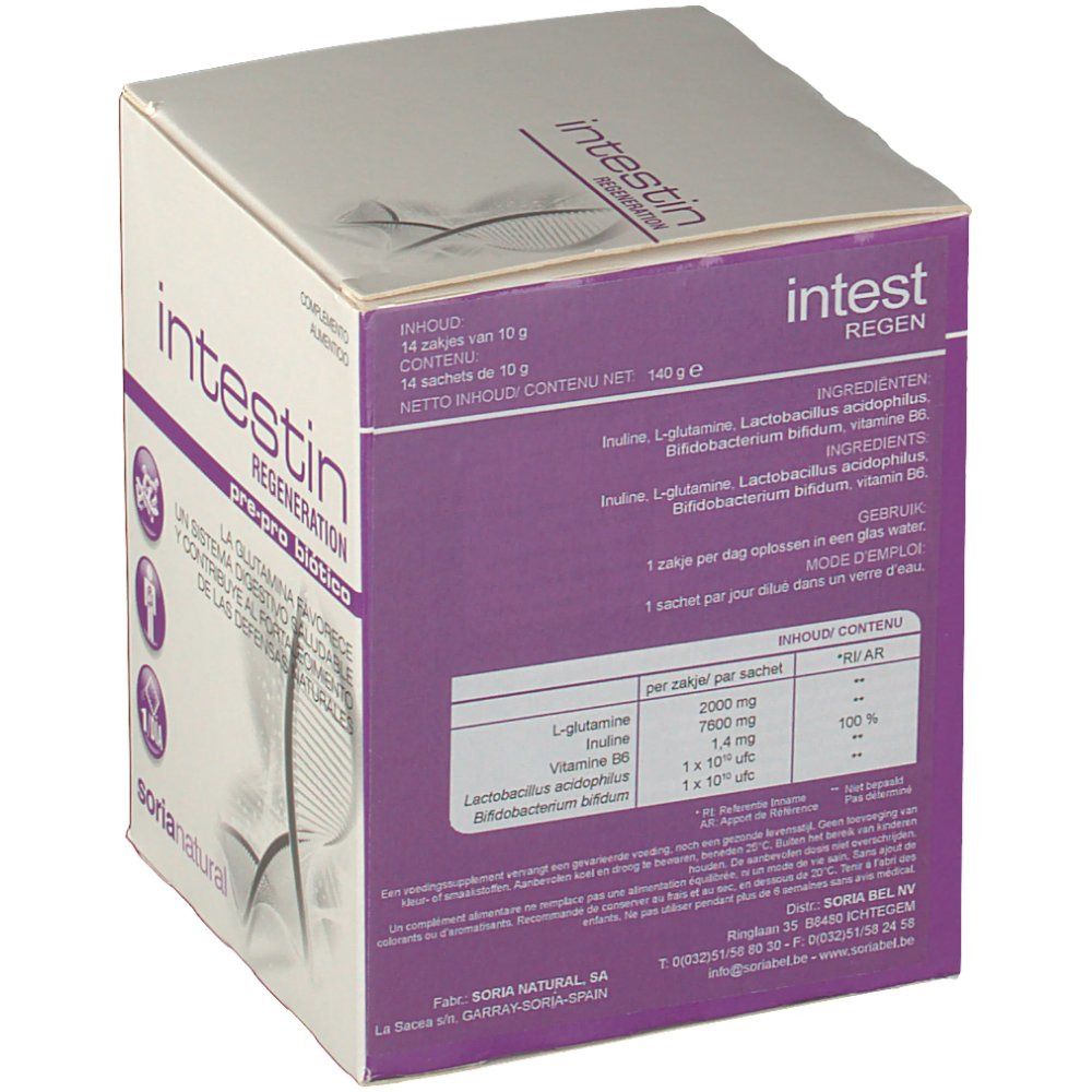 Dos de la boîte. Informations sur les ingrédients et l'utilisation. Marque "Soria Natural". Contient "Intestin Regen".