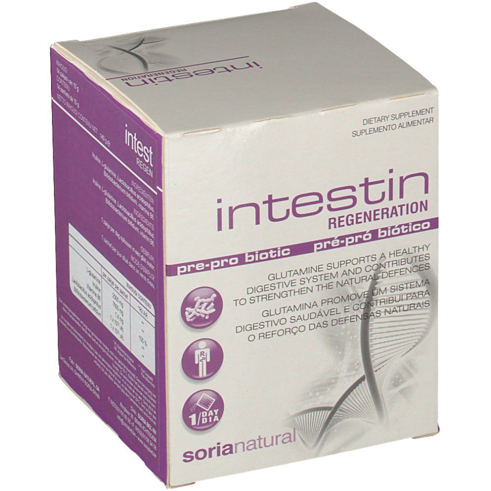 Boîte en carton "Intestin Regeneration". Couleurs violet et blanc. Marque "Soria Natural". Contient "pre-pro biotico".