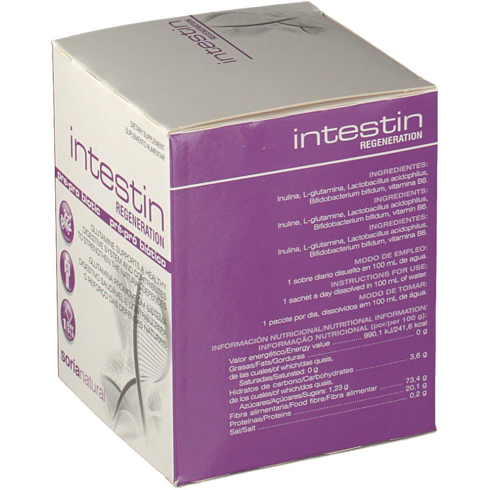 Emballage avec informations sur les ingrédients et valeurs nutritionnelles. Marque "Soria Natural". Contient "Intestin Regeneration".
