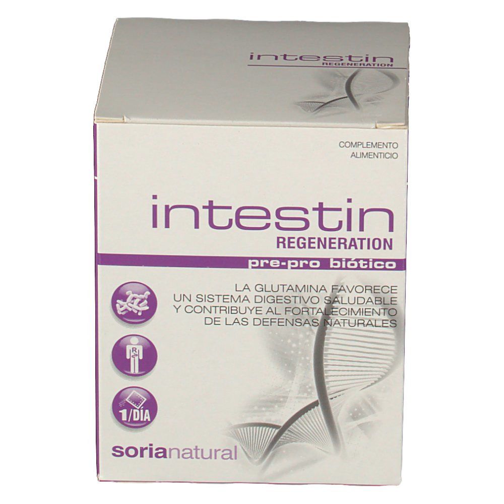 Boîte en carton "Intestin Regeneration". Couleurs violet et blanc. Marque "Soria Natural". Contient "pre-pro biotico".