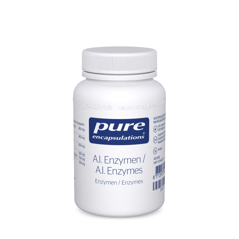 Flacon blanc à bouchon à vis. Étiquette avec nom du produit et marque: pure encapsulations®. Contient A.I. Enzymen/Enzymes.