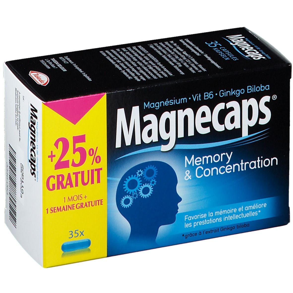 Boîte de Magnecaps. Inscription: Magnésium, Vit B6, Ginkgo Biloba. +25% gratuit. 35 capsules. Favorise la mémoire et la concentration.