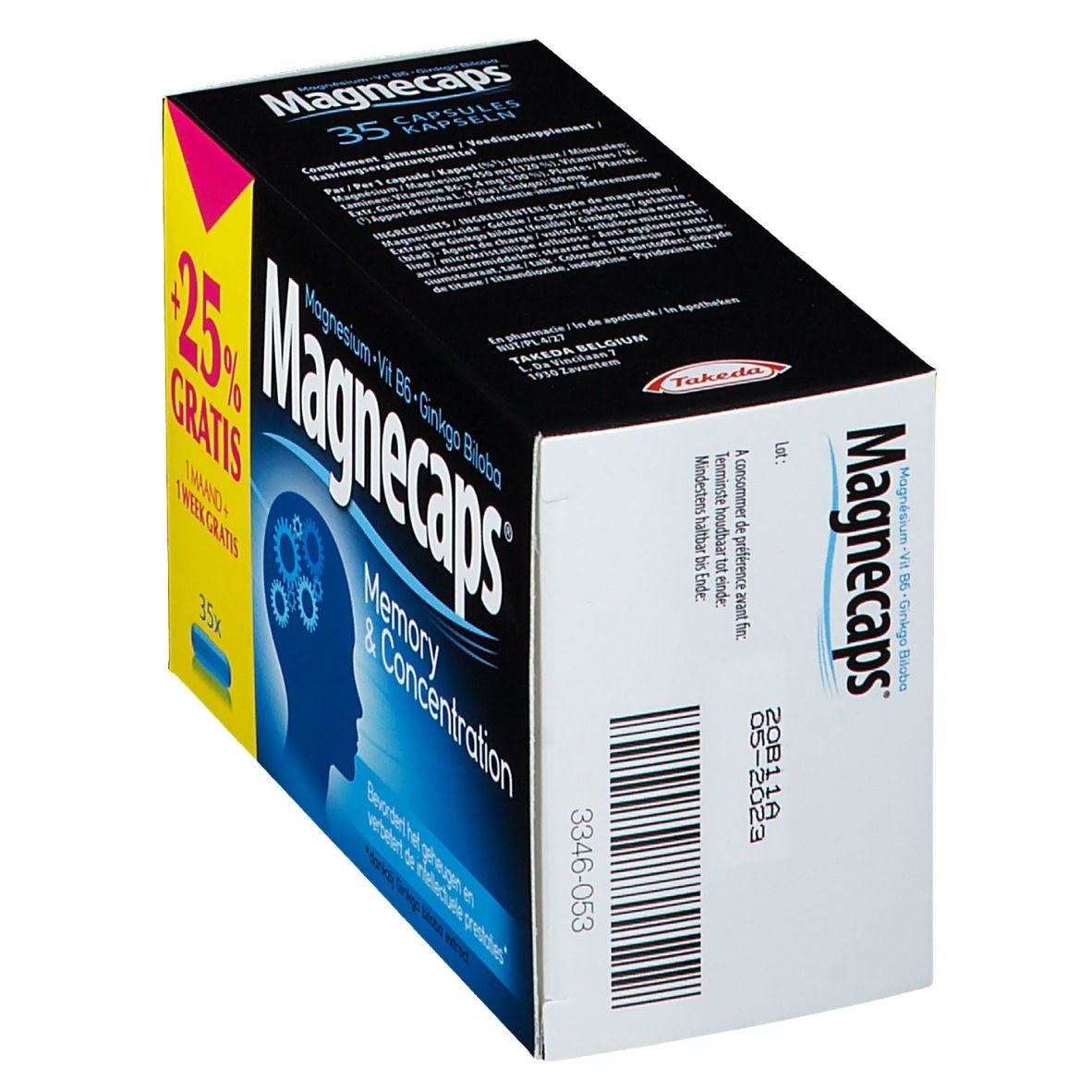 Boîte Magnecaps. Inscription: Magnésium, Vit B6, Ginkgo Biloba. 35 capsules. Mémoire et concentration. Avec date de péremption.
