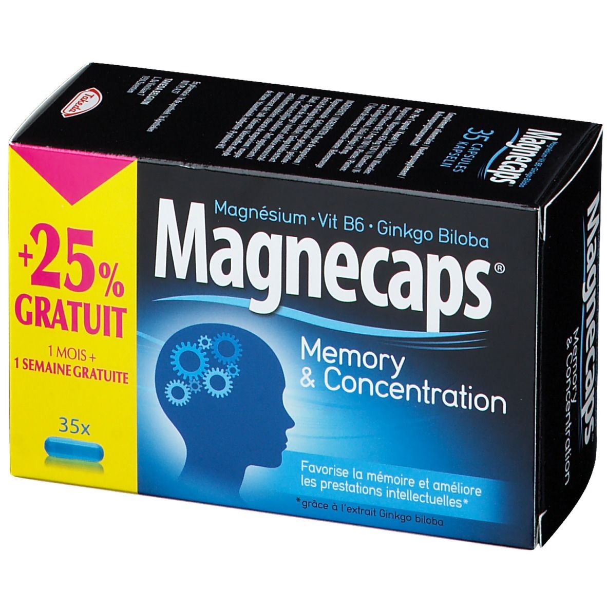 Boîte Magnecaps. Inscription: Magnésium, Vit B6, Ginkgo Biloba. +25% gratuit. 35 capsules. Mémoire et concentration. Accent jaune-rose.