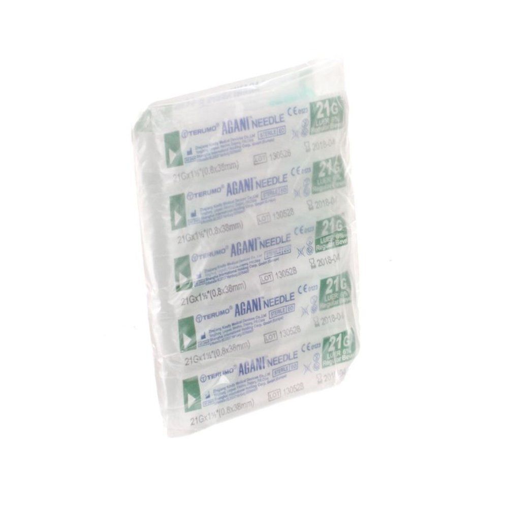 Cinq aiguilles d'injection emballées individuellement, 21g x 1 1/2 pouce, embouts verts.