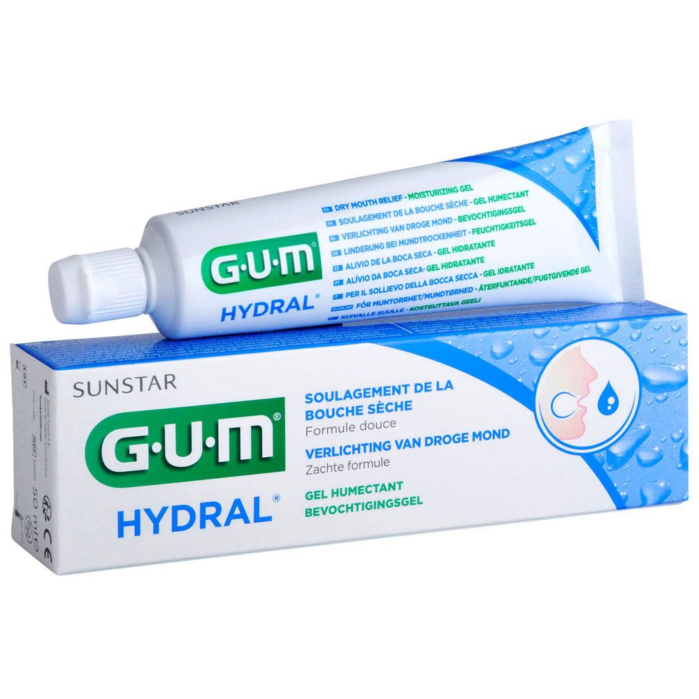 Tube et boîte GUM Hydral. Nom du produit, logo, texte: Dry Mouth Relief. Design bleu et blanc.