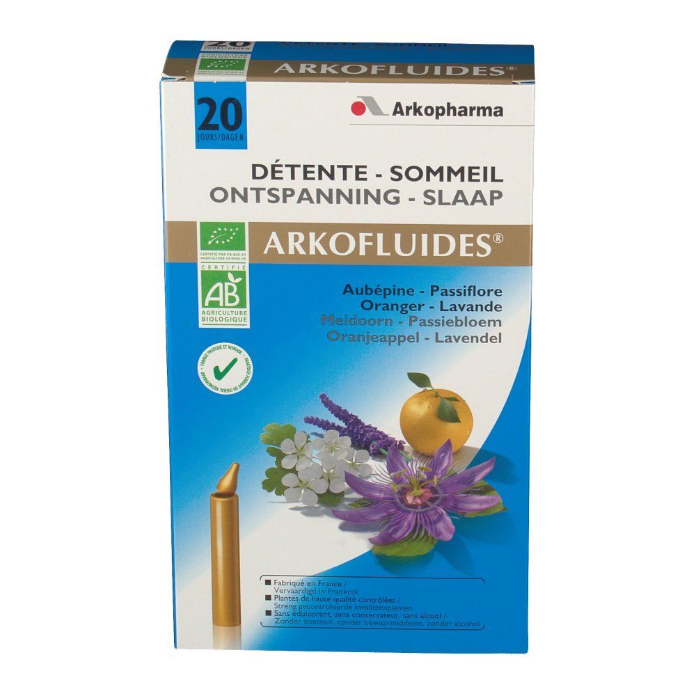 Boîte Arkofluide Bio Sommeil Relaxant. Bleu, avec texte multilingue. Contient 20 ampoules. Certifié AB.