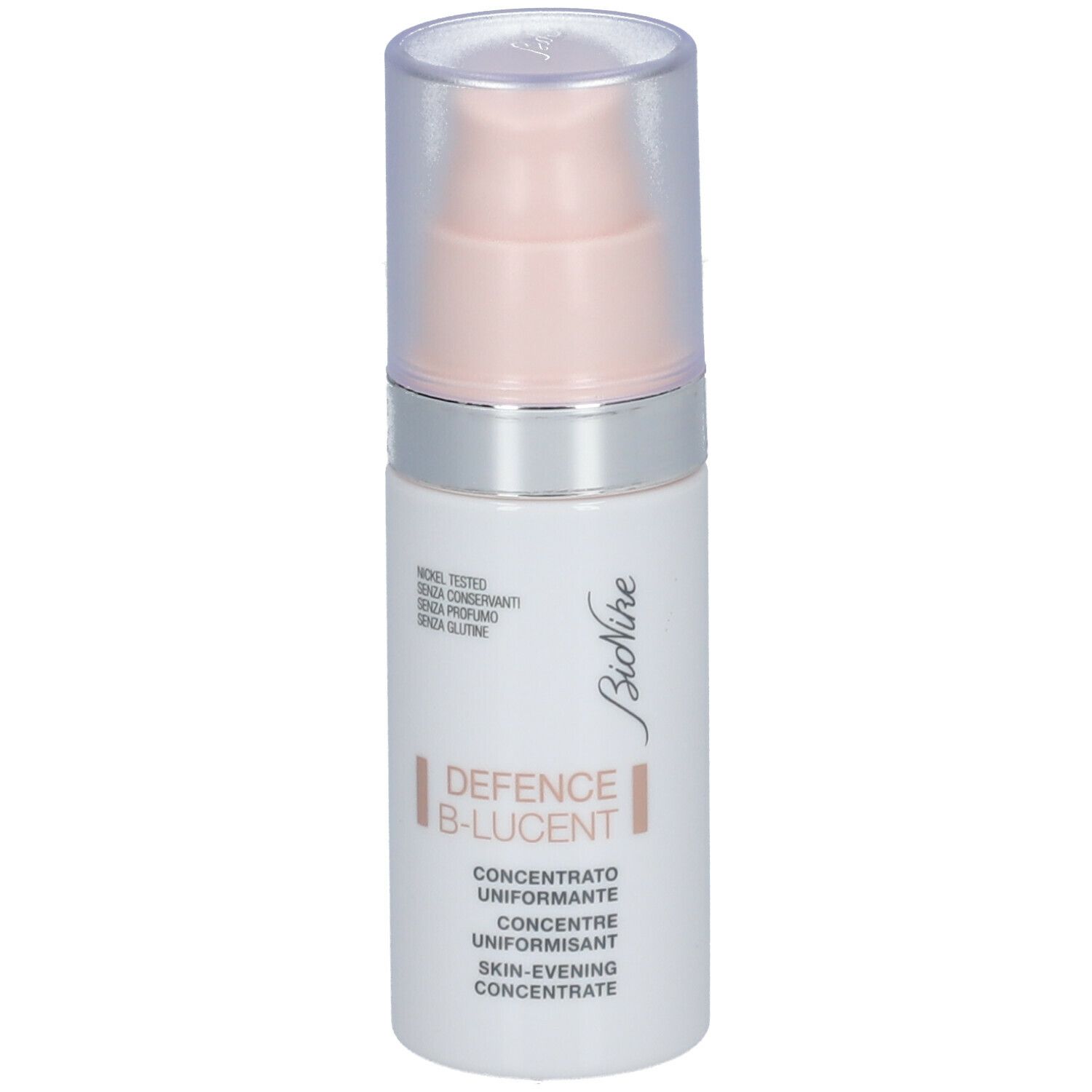 Flacon blanc avec pompe doseuse. Inscription: Defence B-Lucent, Skin-Evening Concentrate. Marque: BioNike.