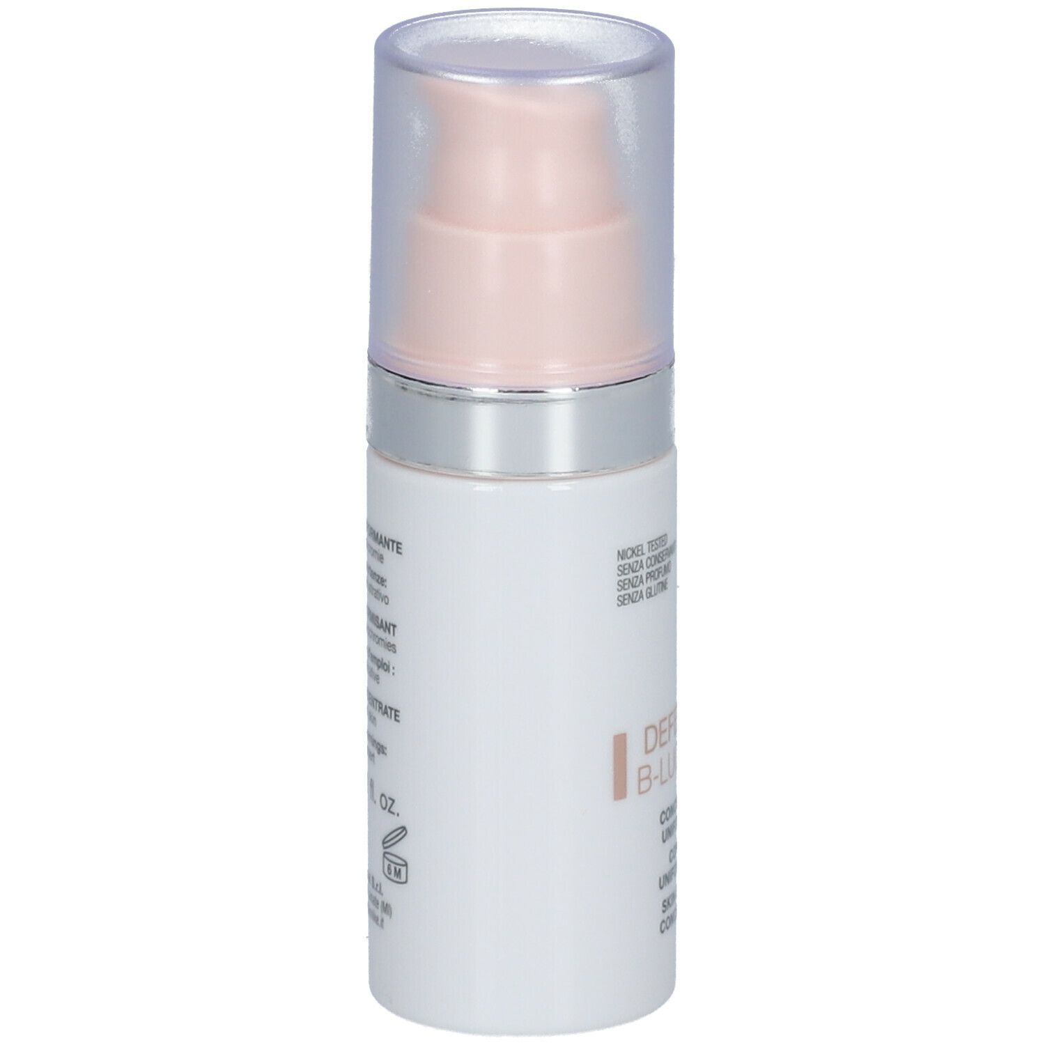 Flacon blanc avec pompe doseuse. Inscription: Defence B-Lucent, Skin-Evening Concentrate. Marque: BioNike.