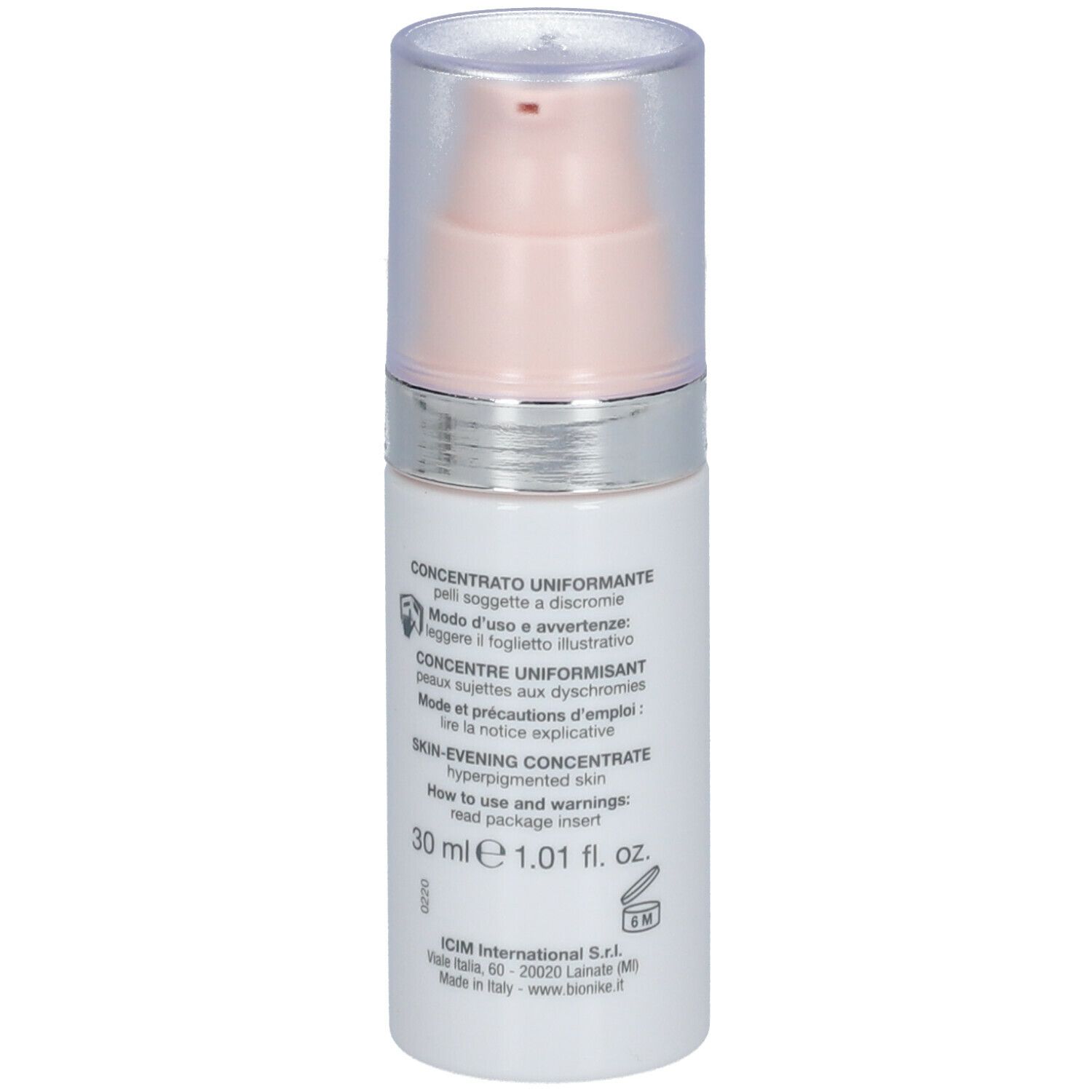Flacon blanc avec pompe doseuse. Inscription: Skin-Evening Concentrate, 30 ml. Marque: BioNike.