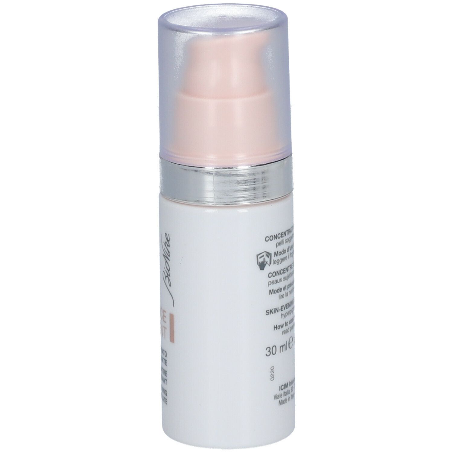 Flacon blanc avec pompe doseuse. Inscription: Skin-Evening Concentrate, 30 ml. Marque: BioNike.