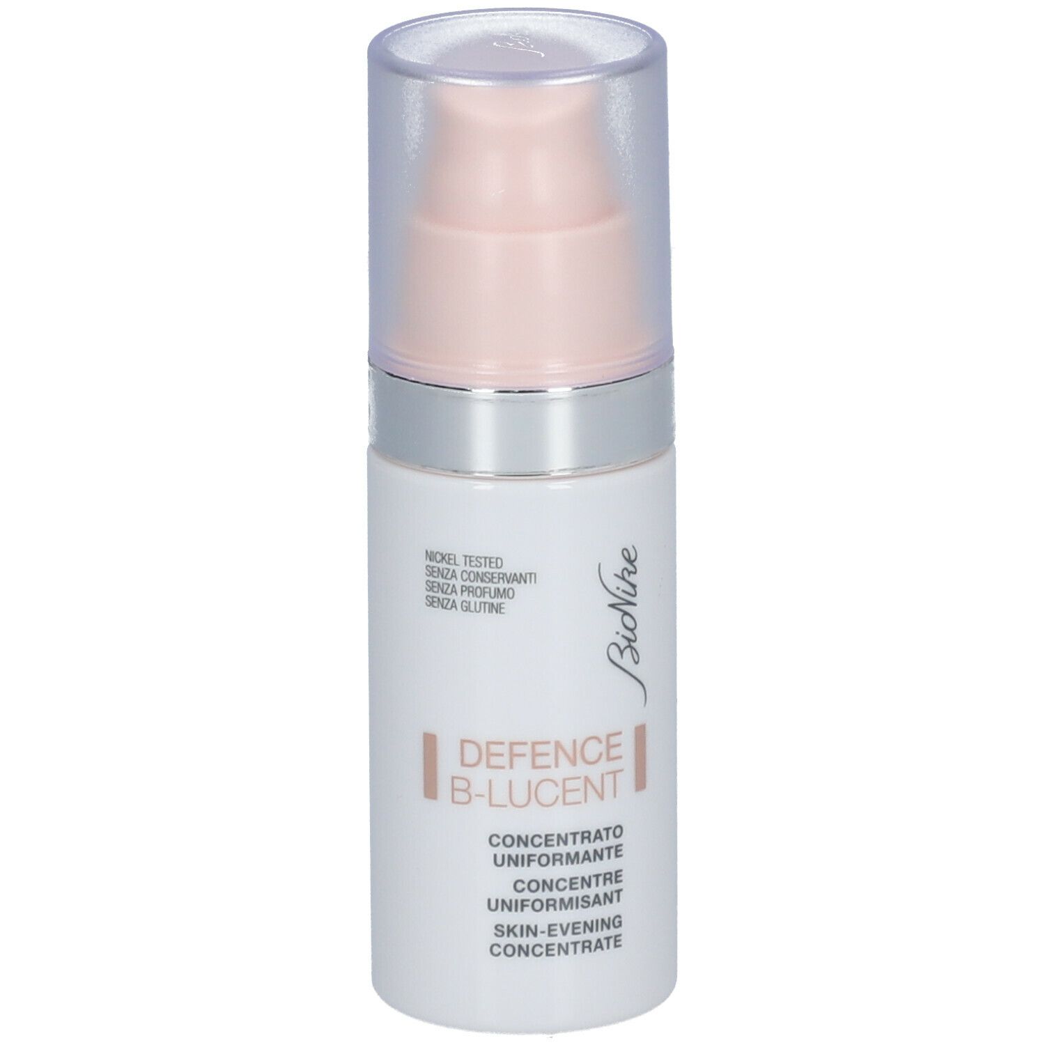 Flacon blanc avec pompe doseuse. Inscription: Defence B-Lucent, Skin-Evening Concentrate. Marque: BioNike.