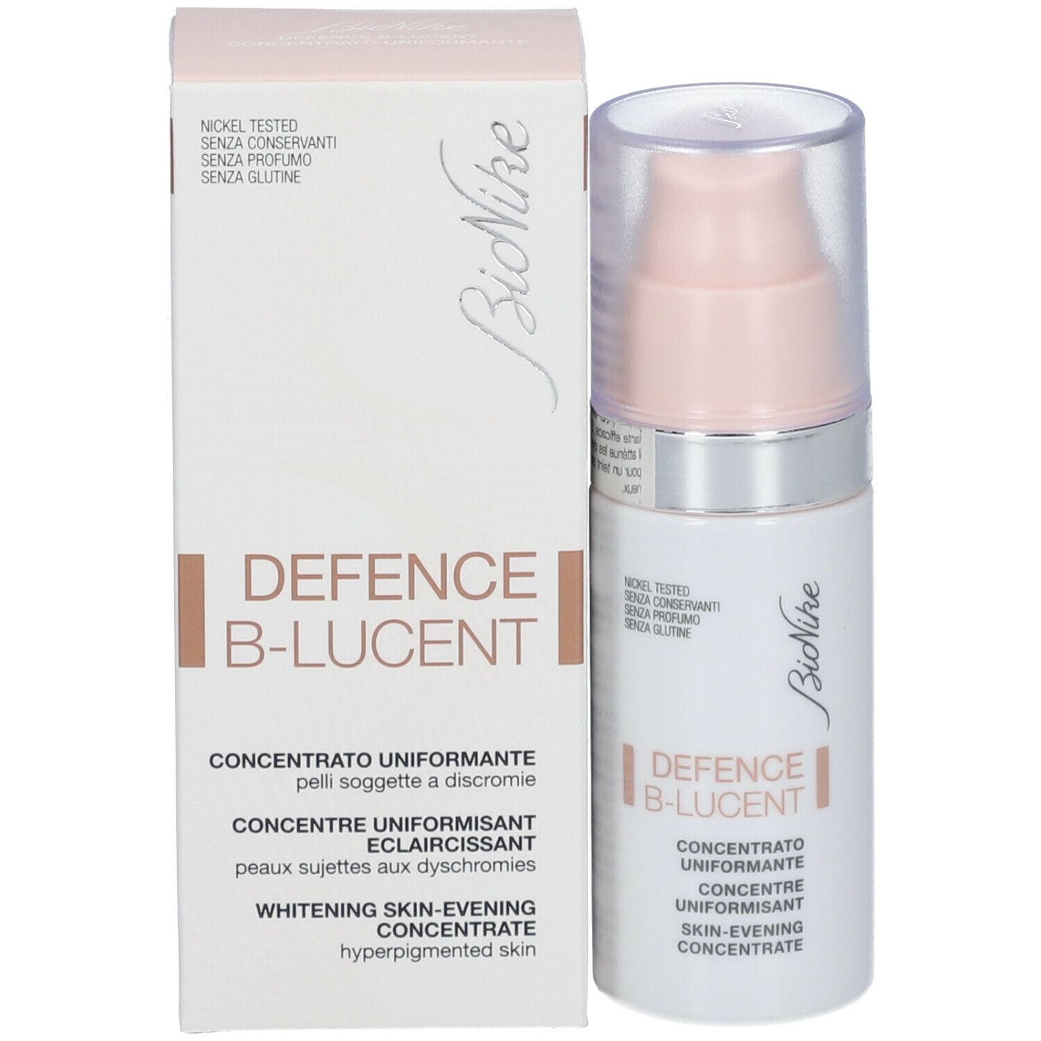 Flacon et emballage du produit. Inscription: Defence B-Lucent, Skin-Evening Concentrate. Marque: BioNike.
