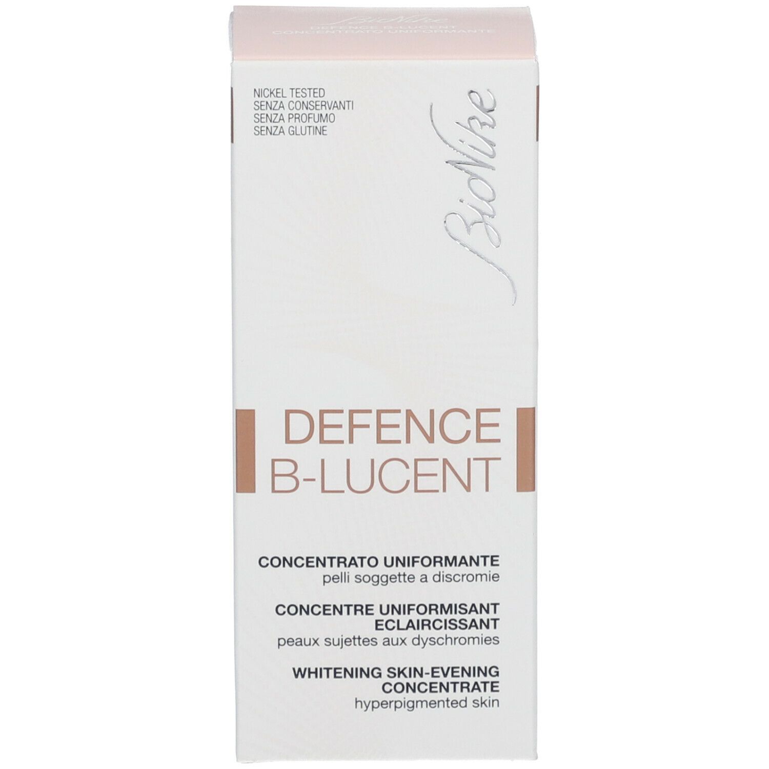 Emballage du produit. Inscription: Defence B-Lucent, Skin-Evening Concentrate. Marque: BioNike.