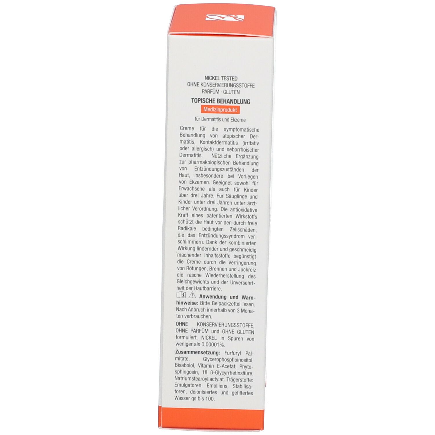 Côté de l'emballage en carton. Informations textuelles, dont ingrédients et mode d'emploi.