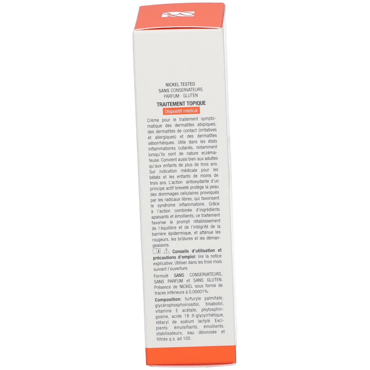 Côté de l'emballage en carton. Informations textuelles, dont ingrédients et mode d'emploi.