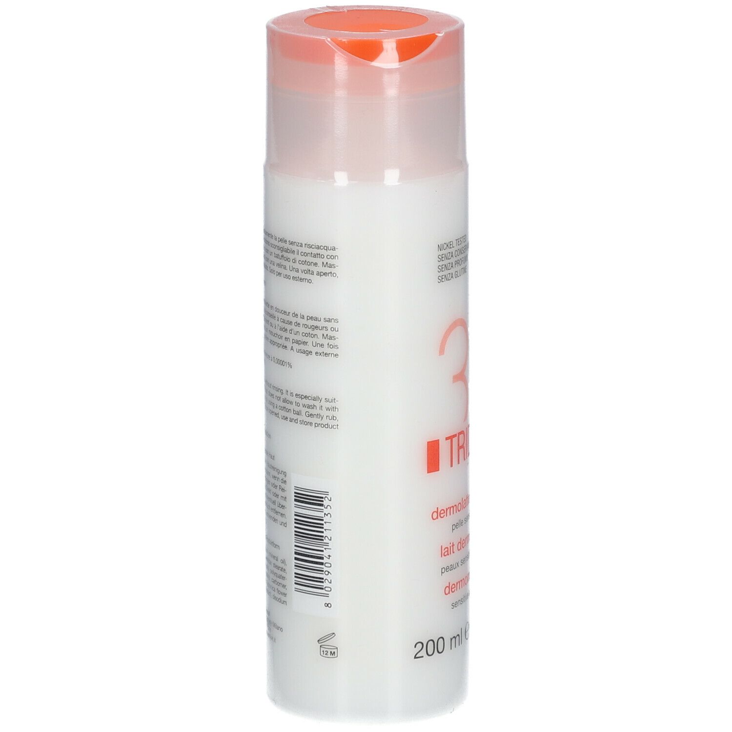 Flacon blanc avec bouchon rose. Texte sur le flacon. 200 ml.
