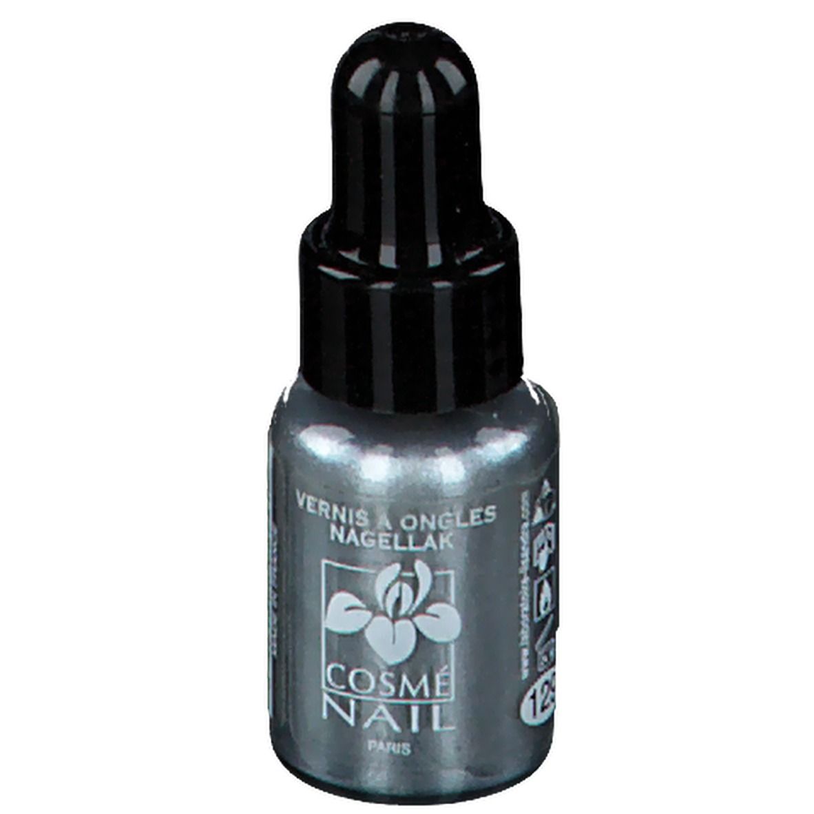 Flacon de vernis à ongles avec bouchon noir. Inscription: COSMÈ NAIL PARIS. Teinte 129.