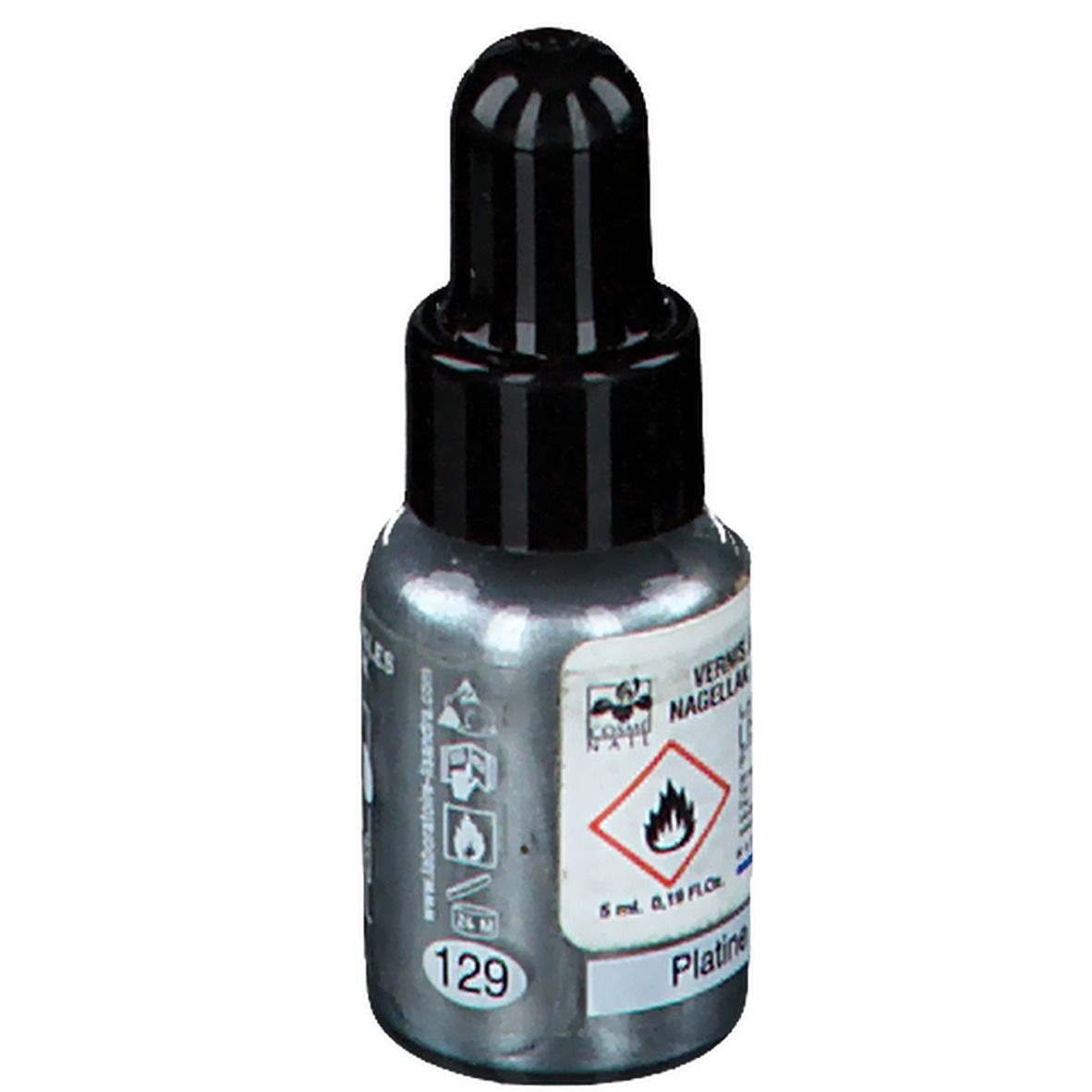 Flacon de vernis à ongles avec bouchon noir. Inscription: Vernis à ongles. Teinte: Platine. Volume: 5 ml.