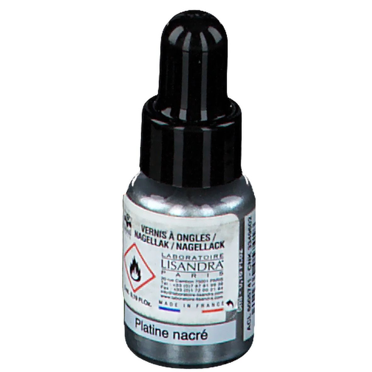 Flacon de vernis à ongles avec bouchon noir. Inscription: Vernis à ongles/Nagellack. Teinte: Platine nacré.