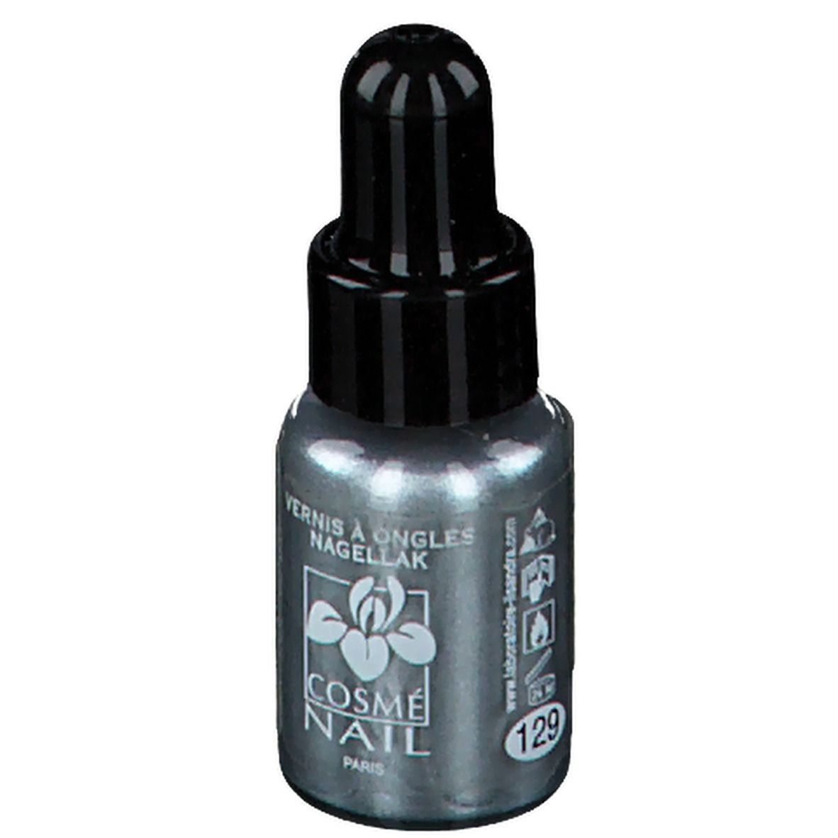 Flacon de vernis à ongles avec bouchon noir. Inscription: COSMÈ NAIL PARIS. Teinte 129.
