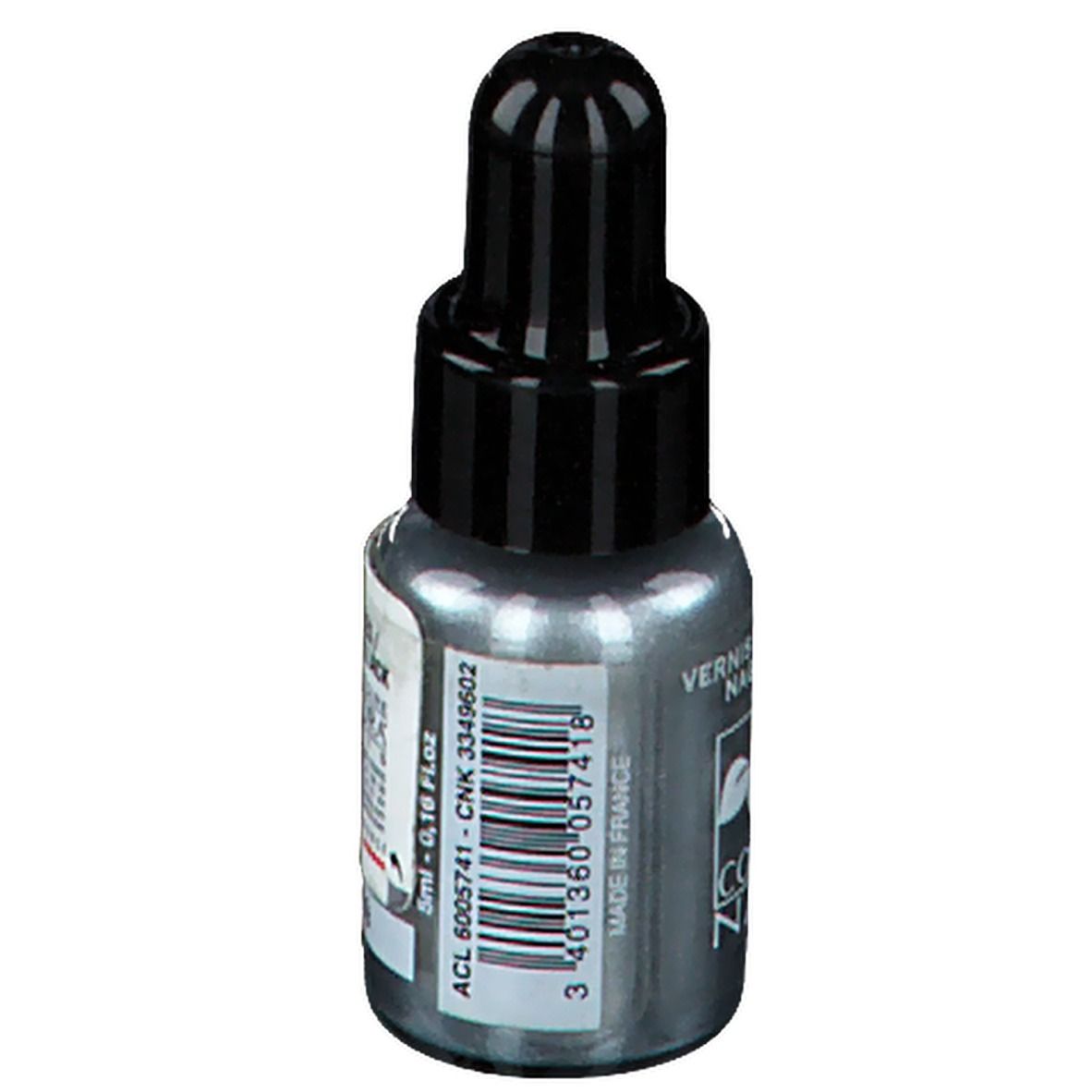 Flacon de vernis à ongles avec bouchon noir. Inscription: Vernis à ongles. Volume: 5ml. Code-barres.