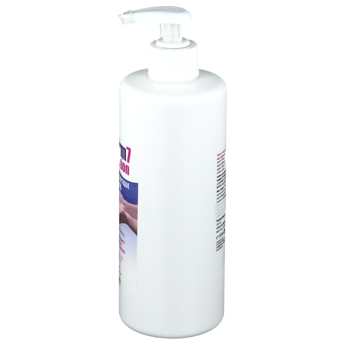 Flacon de lotion blanc avec pompe, vue latérale. Inscription: HPderm7 Lotion. Contient des informations et du texte.