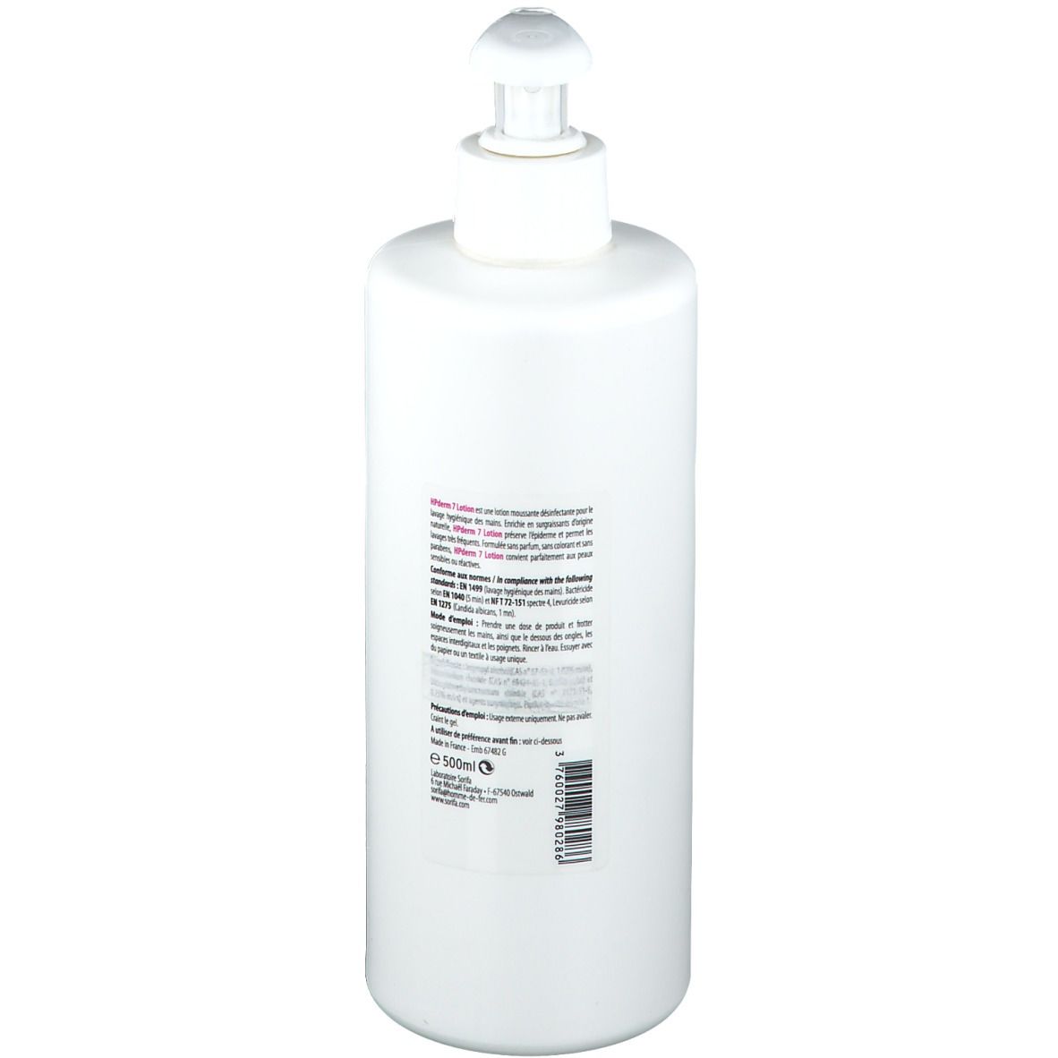 Flacon de lotion blanc avec pompe, vue arrière. Contient des informations et du texte. Inscription: HPderm7 Lotion.