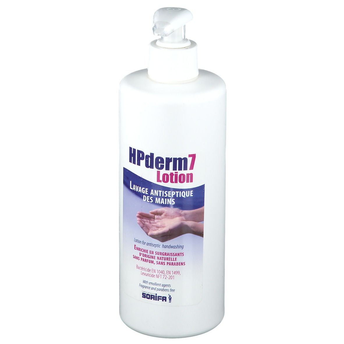 Flacon de lotion blanc avec pompe. Inscription: HPderm7 Lotion, Lavage Antiseptique des Mains. Contient des informations.