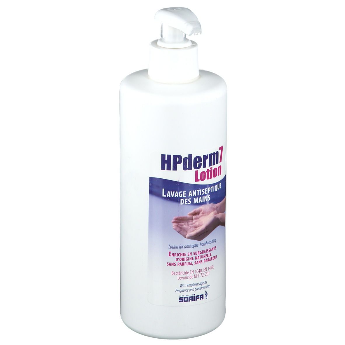Flacon de lotion blanc avec pompe. Inscription: HPderm7 Lotion, Lavage Antiseptique des Mains. Contient des informations.