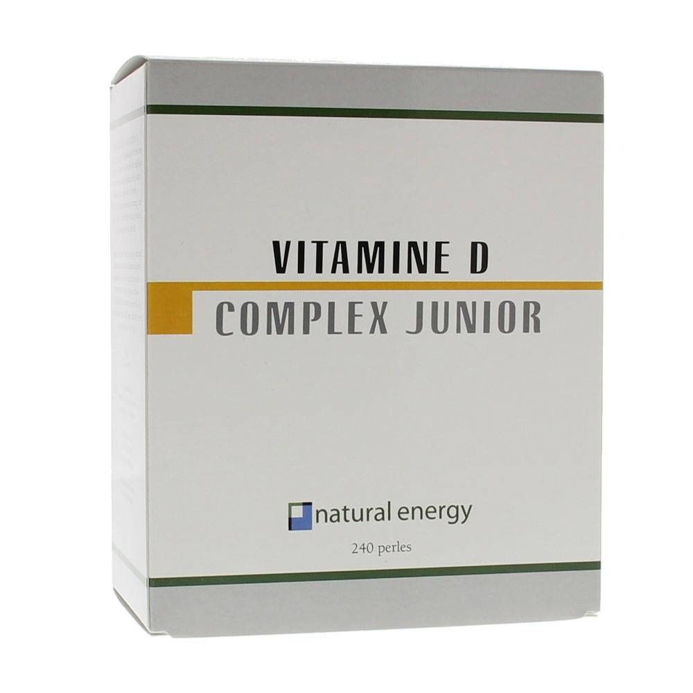 Boîte blanche avec 'VITAMINE D COMPLEX JUNIOR' et 'natural energy'. Contient 240 perles.