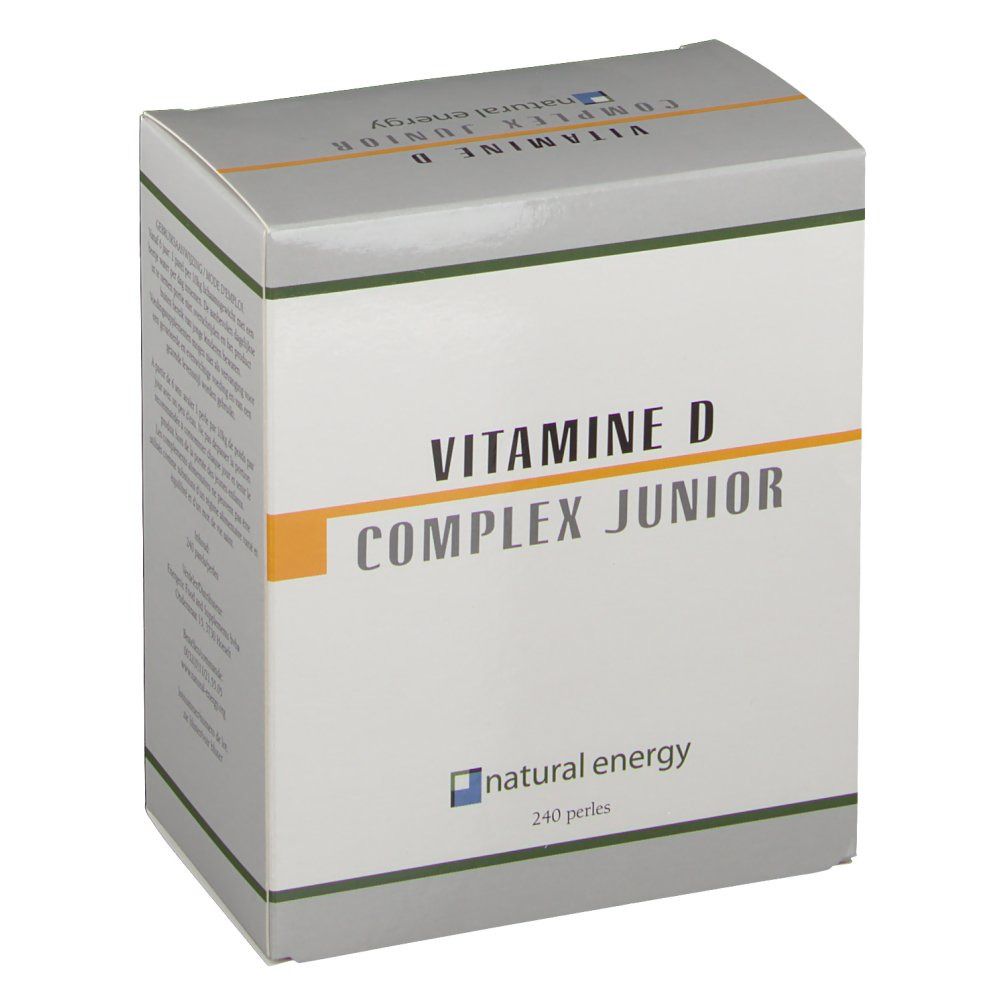 Boîte avec 'VITAMINE D COMPLEX JUNIOR' et 'natural energy'. Couvercle gris, bande jaune. 240 perles.