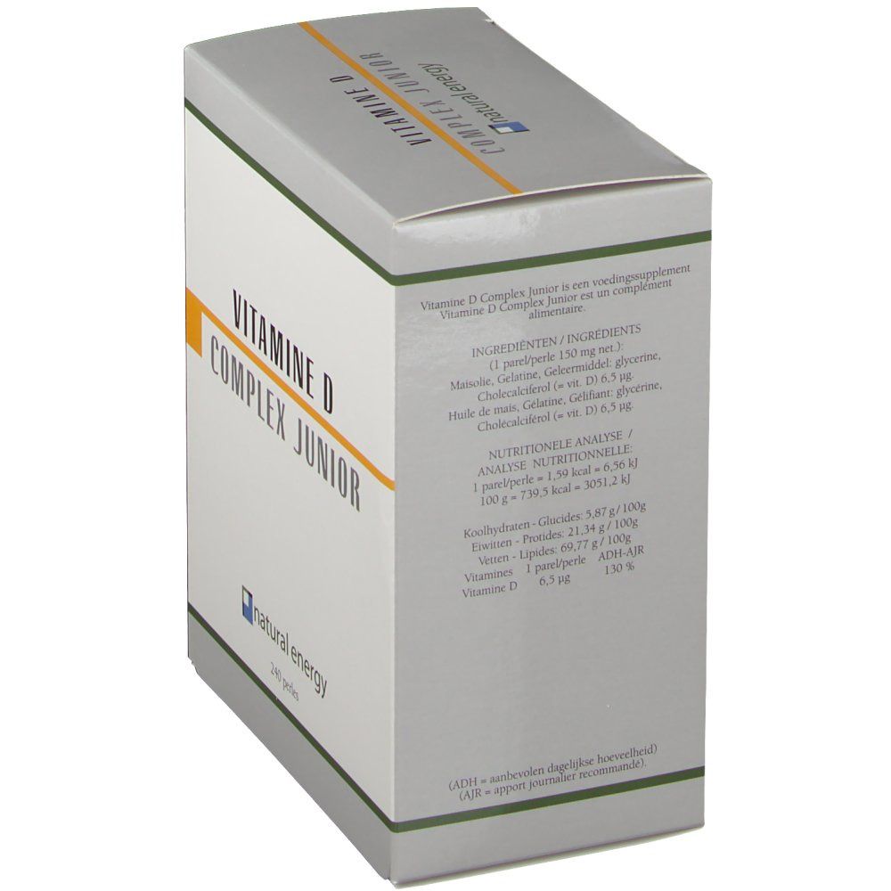 Boîte, vue latérale. 'VITAMINE D COMPLEX JUNIOR' et 'natural energy'. Informations sur les ingrédients et la valeur nutritionnelle.