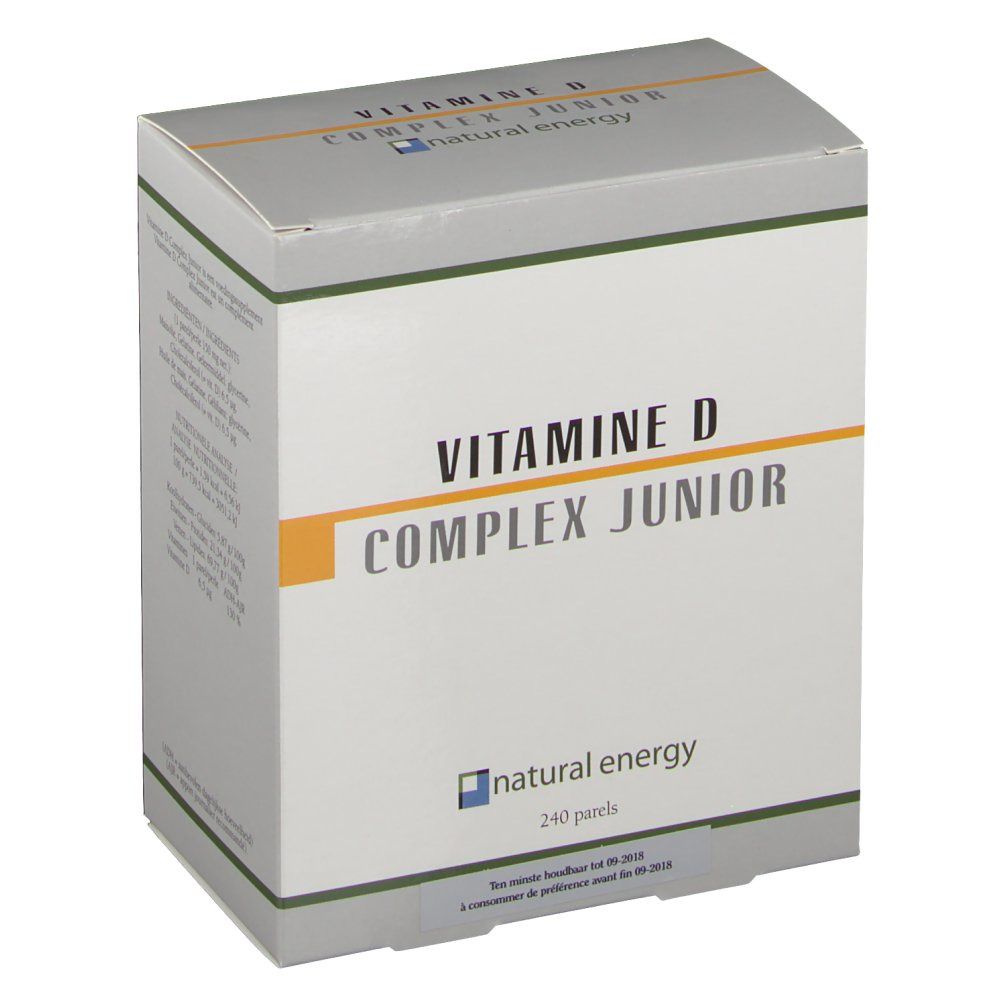 Boîte avec 'VITAMINE D COMPLEX JUNIOR' et 'natural energy'. Bande jaune, 240 perles. Couvercle gris.
