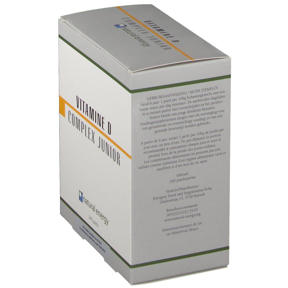 Boîte, vue latérale. 'VITAMINE D COMPLEX JUNIOR' et 'natural energy'. Instructions d'utilisation et informations nutritionnelles.