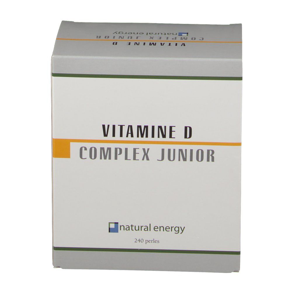 Boîte avec 'VITAMINE D COMPLEX JUNIOR' et 'natural energy'. 240 perles. Blanc, jaune et gris.