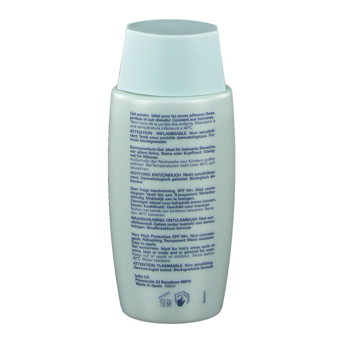 Dos du flacon de crème solaire. Texte en plusieurs langues. Logo ISDIN et 100ml.